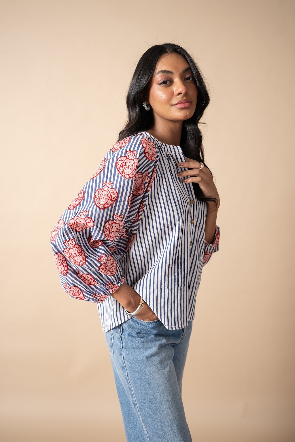 Pomegranate Balloon Sleeve Blouse