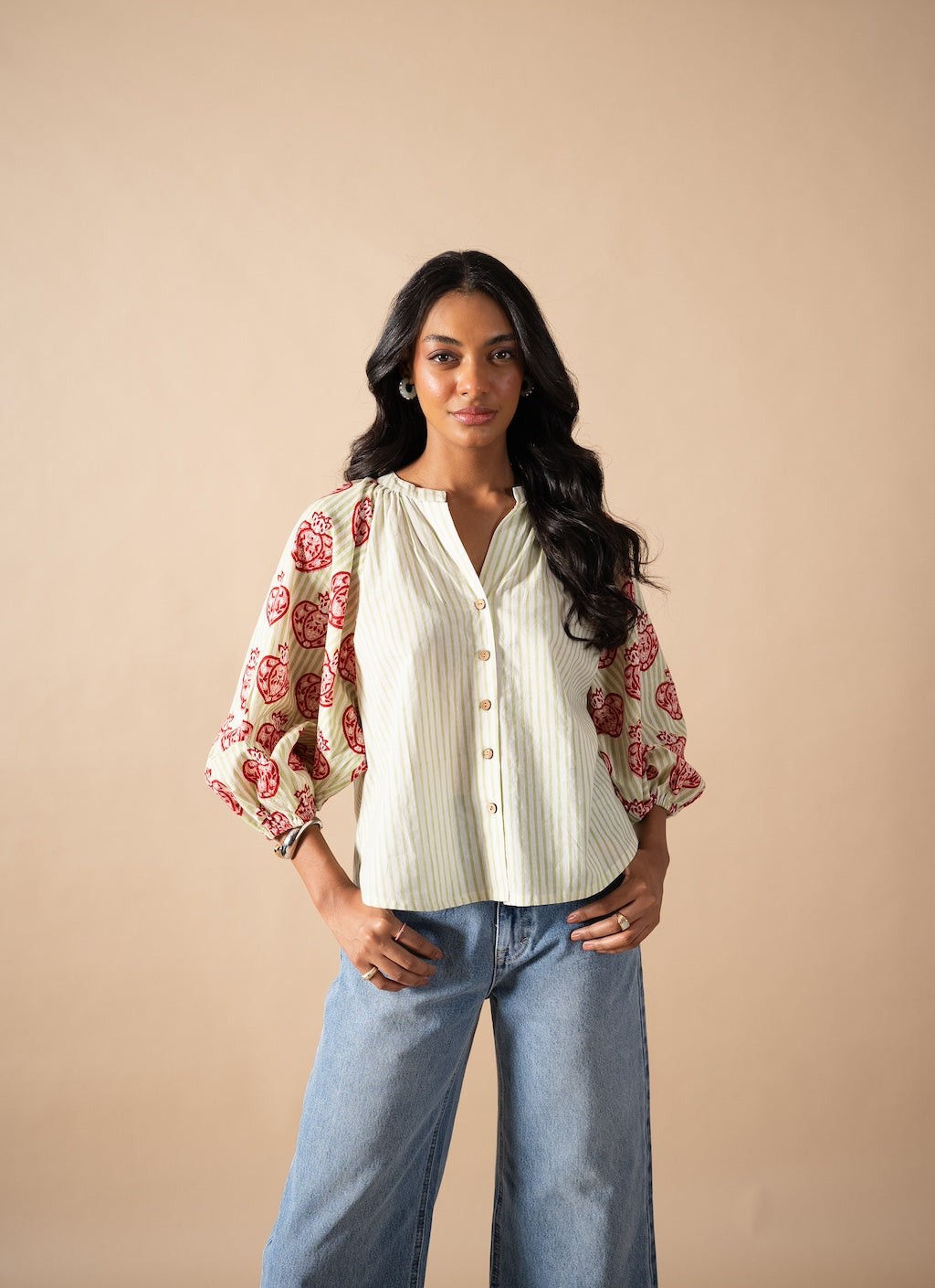 Pomegranate Balloon Sleeve Blouse