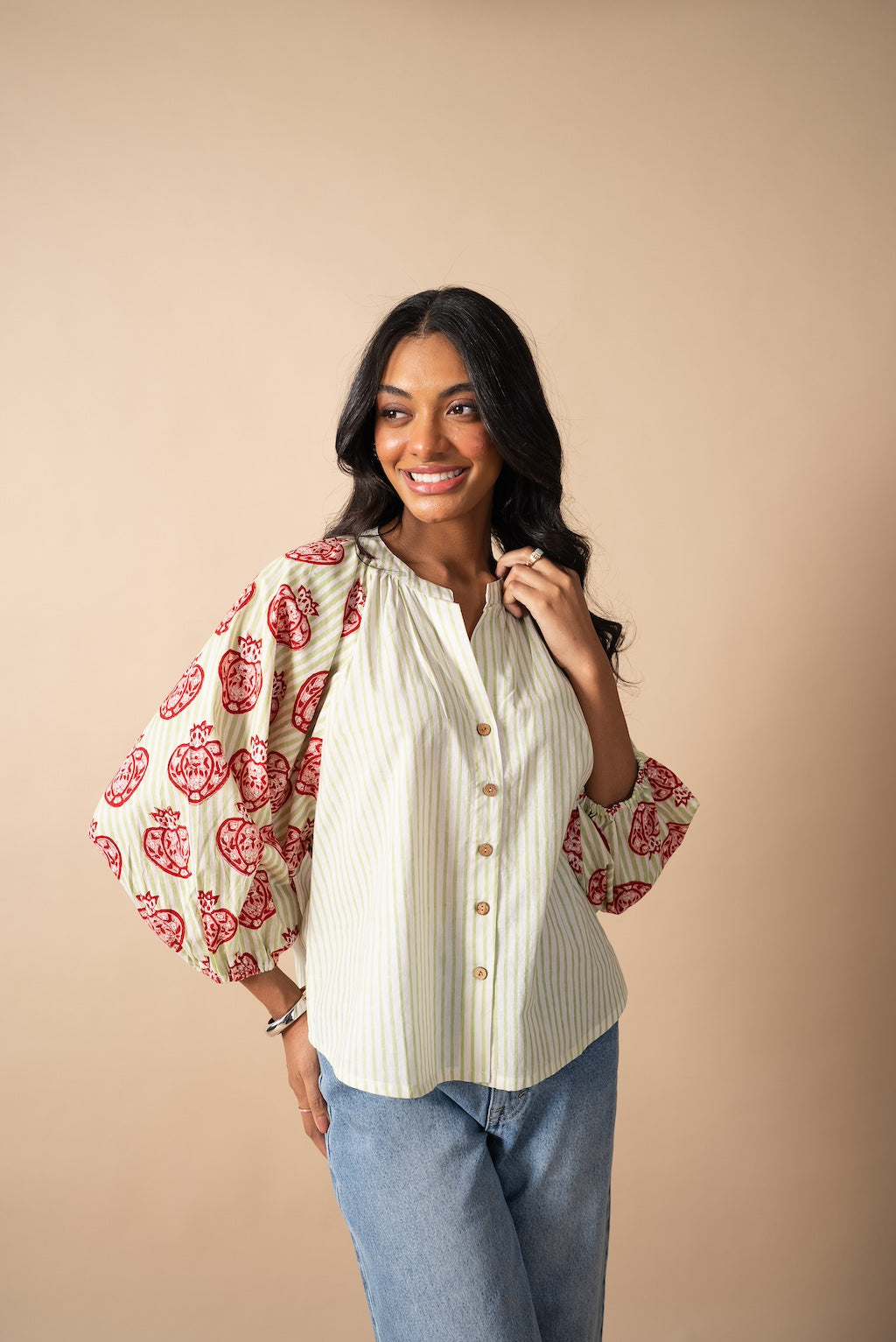Pomegranate Balloon Sleeve Blouse